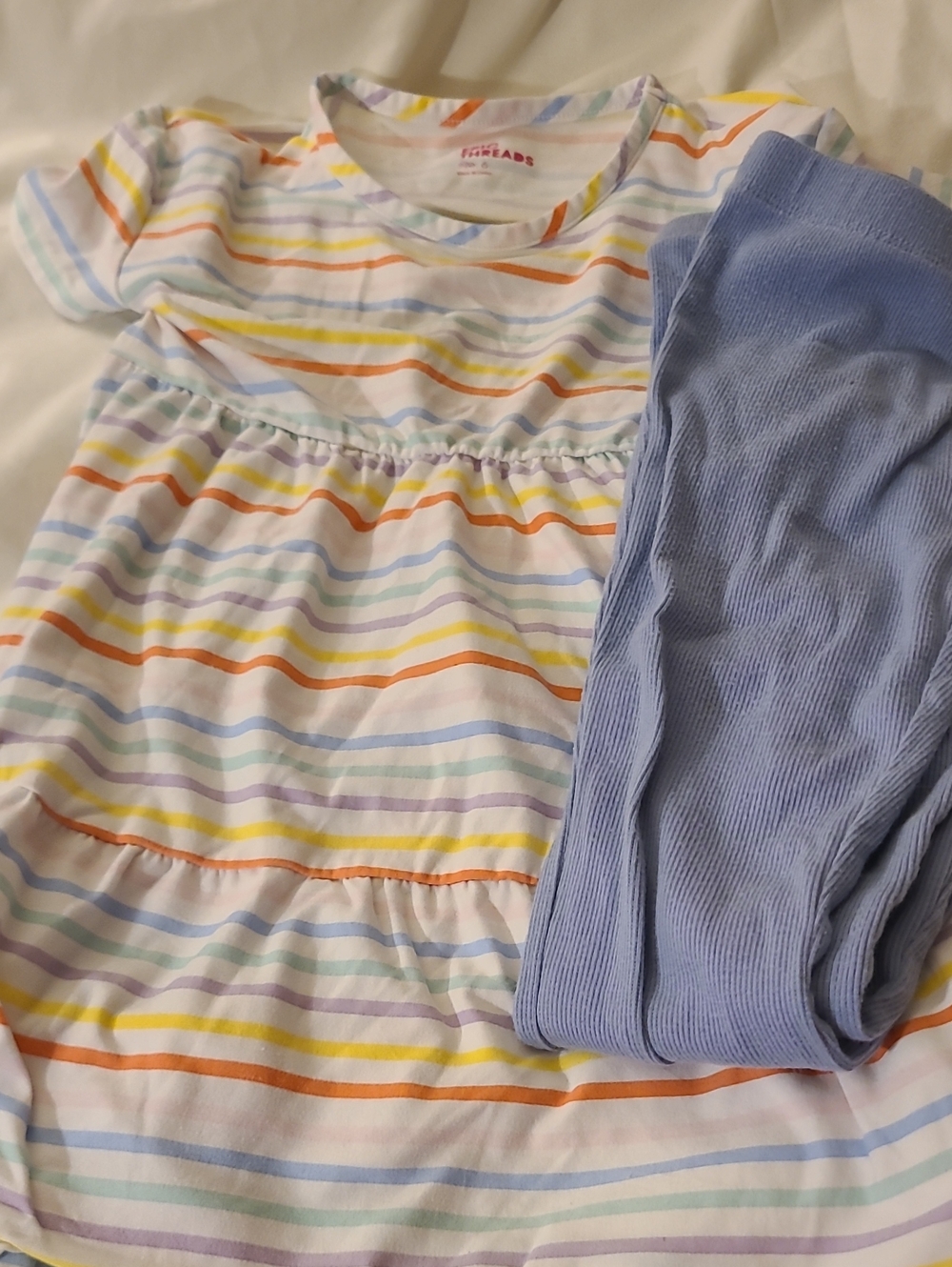 Children's Rainbow Stripe Dress with Light Blue Ribbed Leggings